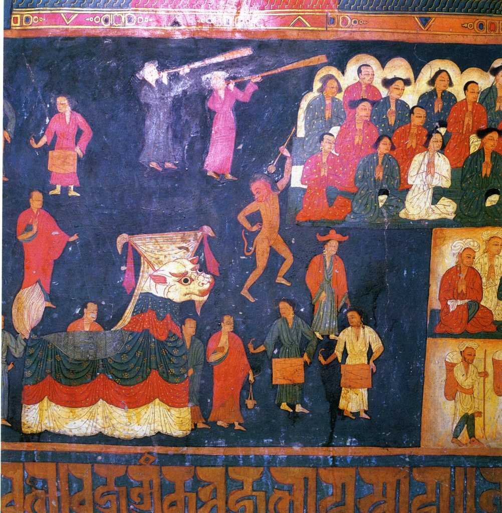 Tibet Guge 07 Tsaparang Red Temple 09 Band Temple Consecration On the left wall below the large portraits are the paintings chronicling the construction and consecration of the temple. To the left are musicians celebrating the completion of the temple. The right upper band features princesses, the middle band Kashmiri officials  wearing turbans, and the bottom band animals people and animals hauling the building's huge timber beams into place. Photo - Weyer/Aschoff: Tsaparang, Tibets Grosses Geheimnis.